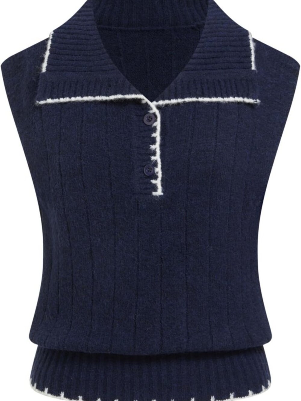 Stylish Sleeveless Ribbed Knit Polo Sweater Vest with Contrast Trim for Women